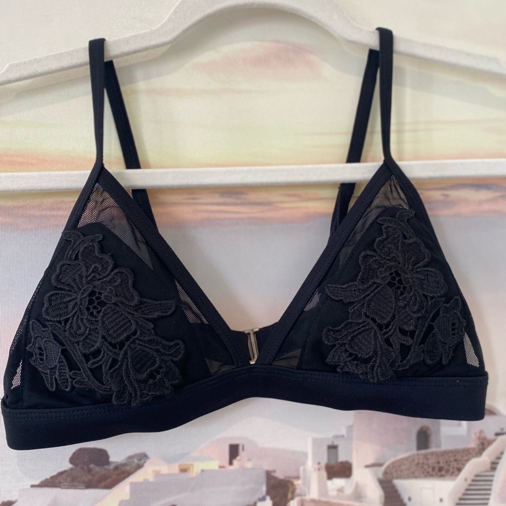 Urban Outfitters Kimichi Blue black mesh floral applique bralette
